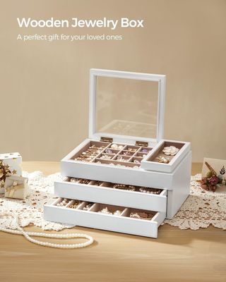 Boîte à bijoux en bois à couvercle transparent à 3 couches en forme de rectangle pour les besoins de stockage personnalisés