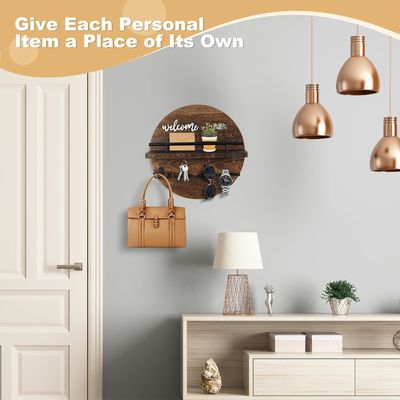 Organisateur de porte-clés et porte-poste en bois rond pour l'entrée, le couloir, la cuisine et le bureau