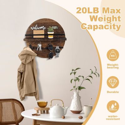 Organisateur de porte-clés et porte-poste en bois rond pour l'entrée, le couloir, la cuisine et le bureau