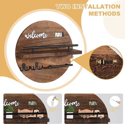 Organisateur de porte-clés et porte-poste en bois rond pour l'entrée, le couloir, la cuisine et le bureau