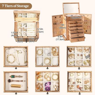 Boîte à bijoux en bois de 7 couches avec miroir pour boucles d'oreilles Bracelet Collier Ringe de montre