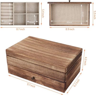 Boîte à bijoux en bois rustique avec plateau miroir à anneau