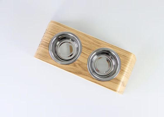 202407 Cadeau pour animaux de compagnie personnalisé en bois avec deux bols en acier inoxydable