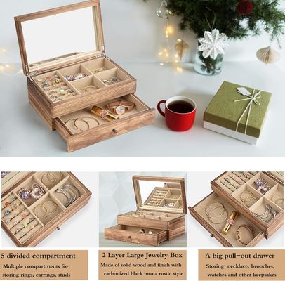 Boîte à bijoux en bois rustique avec plateau miroir à anneau