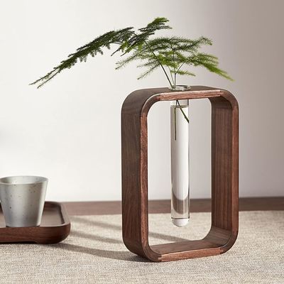 Décoration de plantes de jardin Porte-plante de vase en verre transparent Petite taille Noix Rectangle cadre en bois Table à fleurs