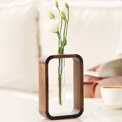 Décoration de plantes de jardin Porte-plante de vase en verre transparent Petite taille Noix Rectangle cadre en bois Table à fleurs