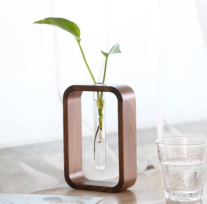 Décoration de plantes de jardin Porte-plante de vase en verre transparent Petite taille Noix Rectangle cadre en bois Table à fleurs