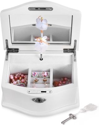 Boîte à bijoux de ballerine en bois blanc moyen avec miroir pour une organisation personnalisée