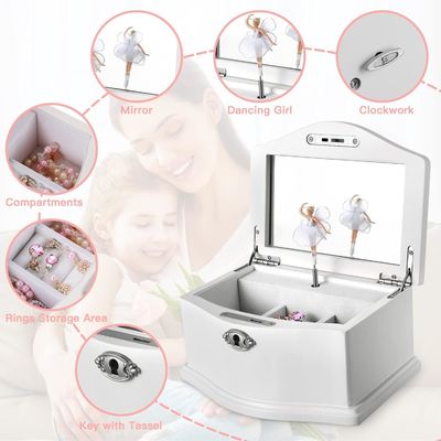 Boîte à bijoux de ballerine en bois blanc moyen avec miroir pour une organisation personnalisée