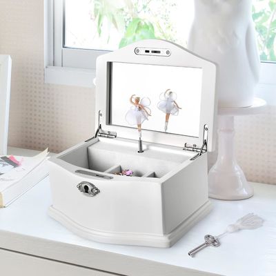 Boîte à bijoux de ballerine en bois blanc moyen avec miroir pour une organisation personnalisée