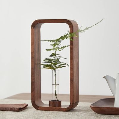 202405 Porteur de vase en verre transparent avec cadre en bois de noyer Une magnifique pièce de décoration