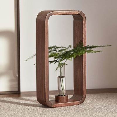202405 Porteur de vase en verre transparent avec cadre en bois de noyer Une magnifique pièce de décoration