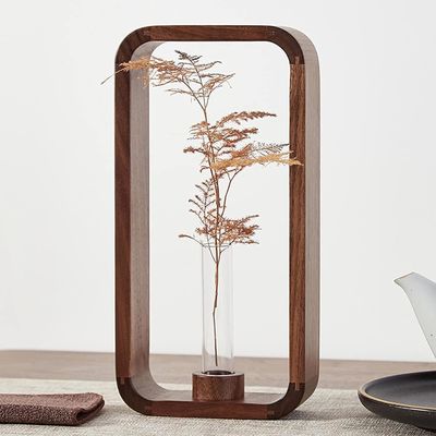 202405 Porteur de vase en verre transparent avec cadre en bois de noyer Une magnifique pièce de décoration
