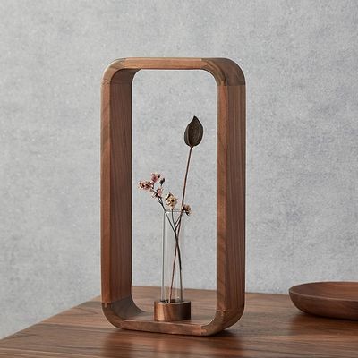 202405 Porteur de vase en verre transparent avec cadre en bois de noyer Une magnifique pièce de décoration