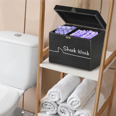 Caisse de stockage de tampons de la semaine du requin avec couvercle de plateau Organiseur de produits féminins sculpté en bois