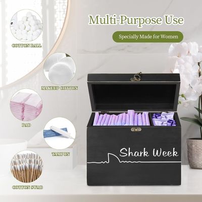 Caisse de stockage de tampons de la semaine du requin avec couvercle de plateau Organiseur de produits féminins sculpté en bois