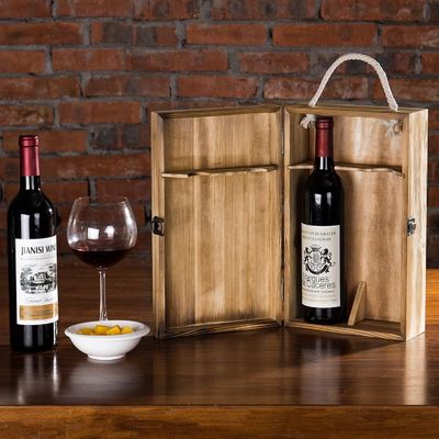 Boîtes cadeaux à vin à double bouteille en bois rustique écologique à couvercle personnalisable