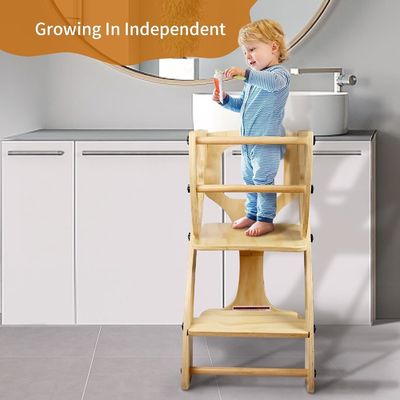 Impression à l'écran de soie Impression en bois brûlé pour bébé hauteur réglable Tabouret d'escalier de cuisine avec rails de sécurité