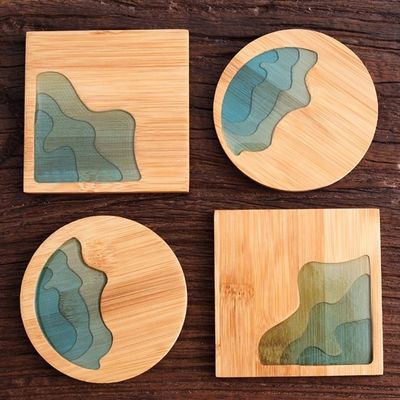 10cm Live Edge Bambou Carré Résine Bois Epoxy Bois Chaîne de montagnes de montagne Résine Fleuve Bleu Émeraude