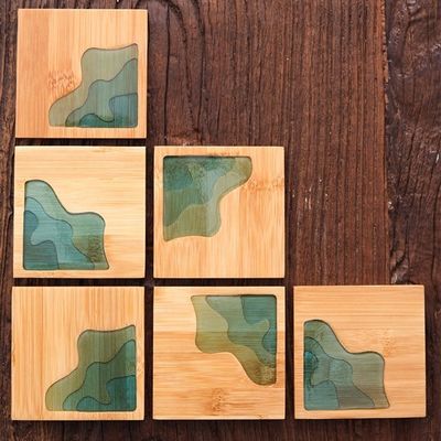 10cm Live Edge Bambou Carré Résine Bois Epoxy Bois Chaîne de montagnes de montagne Résine Fleuve Bleu Émeraude