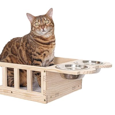 Moderne Design Style Monté sur le mur en bois étagère d'alimentation pour chat avec deux bols Service personnalisé