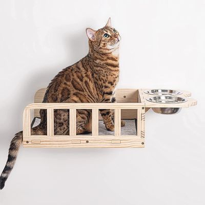 Moderne Design Style Monté sur le mur en bois étagère d'alimentation pour chat avec deux bols Service personnalisé