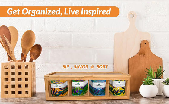 Organiseur de sacs à thé en bois avec impression gravée au laser et fenêtre de verre acrylique transparente