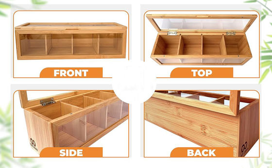 Organiseur de sacs à thé en bois avec impression gravée au laser et fenêtre de verre acrylique transparente