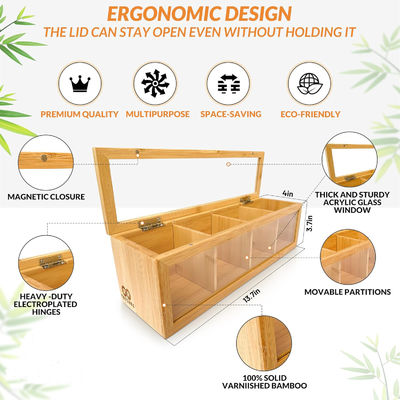 Organiseur de sacs à thé en bois avec impression gravée au laser et fenêtre de verre acrylique transparente