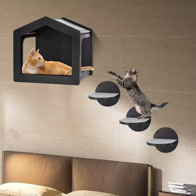 Étagère d'escalade pour chats montée sur le mur en grande quantité avec 3 grands escaliers et tapis à gratter