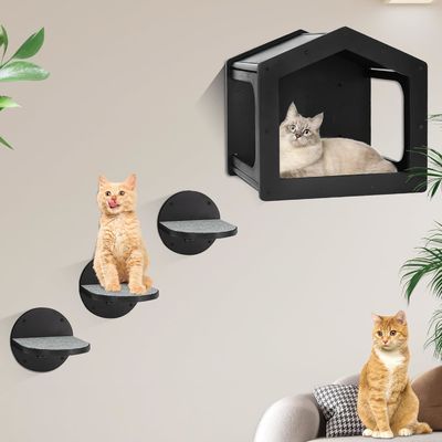 Étagère d'escalade pour chats montée sur le mur en grande quantité avec 3 grands escaliers et tapis à gratter