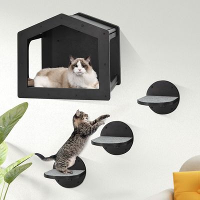 Étagère d'escalade pour chats montée sur le mur en grande quantité avec 3 grands escaliers et tapis à gratter