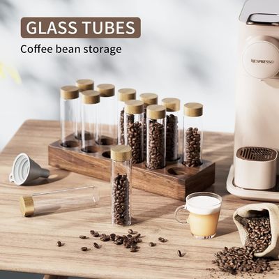 Récipient polyvalent en bois pour le stockage de grains de café avec tube à dose unique et support de support
