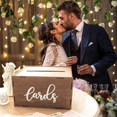 Boîte de cartes de mariage pour la réception Enveloppe en bois brune Boîte à argent Impression gravure au laser