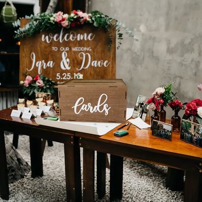 Boîte de cartes de mariage pour la réception Enveloppe en bois brune Boîte à argent Impression gravure au laser