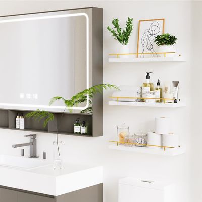 Étagères murales de salle de bain Ensemble de 3 avec garde-corps métallique d'or et bois de bambou 41X13.5X2cm