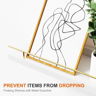 Étagères murales de salle de bain Ensemble de 3 avec garde-corps métallique d'or et bois de bambou 41X13.5X2cm