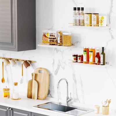 Étagères murales de salle de bain Ensemble de 3 avec garde-corps métallique d'or et bois de bambou 41X13.5X2cm