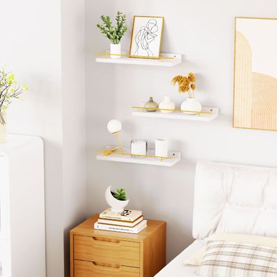 Étagères murales de salle de bain Ensemble de 3 avec garde-corps métallique d'or et bois de bambou 41X13.5X2cm