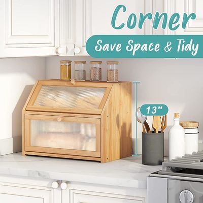 Boîte de rangement de pain à porte ondulée en acrylique double couche bois de bambou