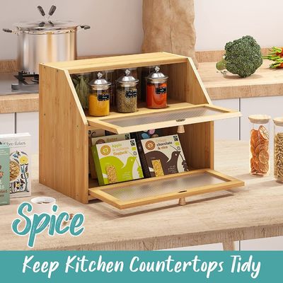 Boîte de rangement de pain à porte ondulée en acrylique double couche bois de bambou