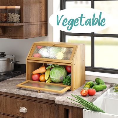 Boîte de rangement de pain à porte ondulée en acrylique double couche bois de bambou