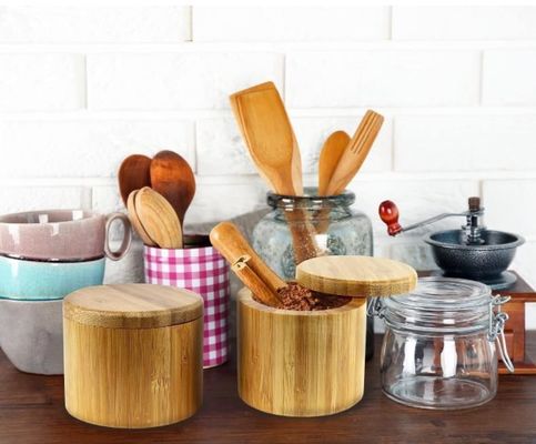 Taille personnalisée Couvercle en bois Contenant de sucre pour le thé Boîte de stockage alimentaire Boîte de pot Set de pot d' épices