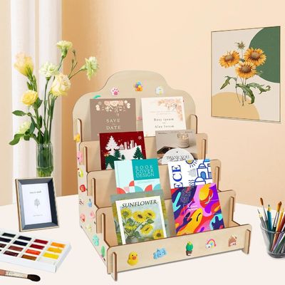 Taille personnalisée en bois massif 4 niveaux Stand d'affichage pour cartes de vœux Autocollants et cartes postales