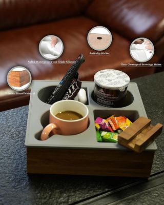 Logo personnalisé Souple silicone acacia canapé en bois Caddy pour les collations boissons télécommande