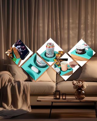 Logo personnalisé Souple silicone acacia canapé en bois Caddy pour les collations boissons télécommande