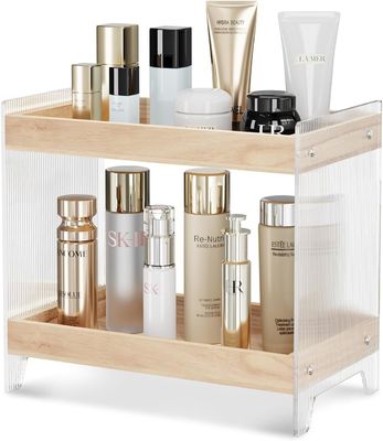 Organiseur de parfum pour maquillage non pliable avec plateau en bois et étagère de cosmétiques acryliques