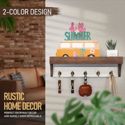 Porte-clés en bois à base de 2 couleurs avec 5 clés rétro Crochets pour la décoration de maison rustique Blanc gris