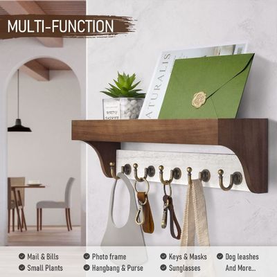 Porte-clés en bois à base de 2 couleurs avec 5 clés rétro Crochets pour la décoration de maison rustique Blanc gris