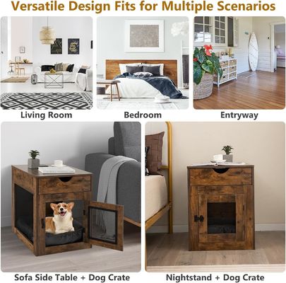 Table de fin de chenil en bois avec coussin amovible et tiroir de rangement Couleur bois gris